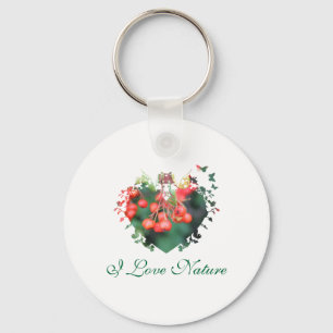 Liebe Natur, rote Beeren, grün, herzförmiger Rahme Schlüsselanhänger