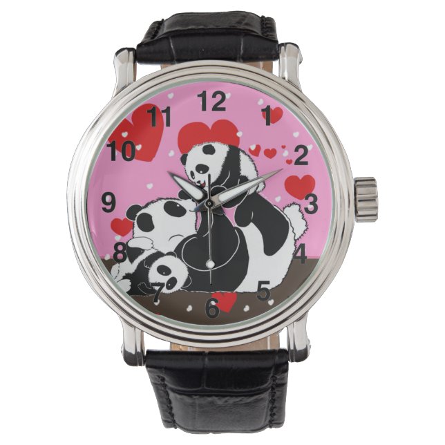 Liebe Niedlich Panda Bears Spielen Kunst von Leah  Armbanduhr (Vorderseite)