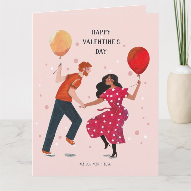 Liebe niedliche rosa und rote Tänze Leute Valentin Karte (Vorderseite)