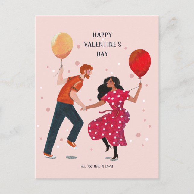 Liebe niedliche rosa und rote Tänze Leute Valentin Postkarte (Vorderseite)