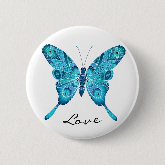 Liebe-niedlicher blauer Schmetterlings-weißer Button (Vorderseite)