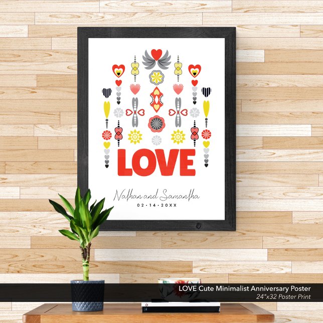 LIEBE Niedliches Minimalistisches Jubiläum Poster (LOVE - Cute Minimalist Poster with Hearts & Flowers: Customized with Your Names & Anniversary Date.)