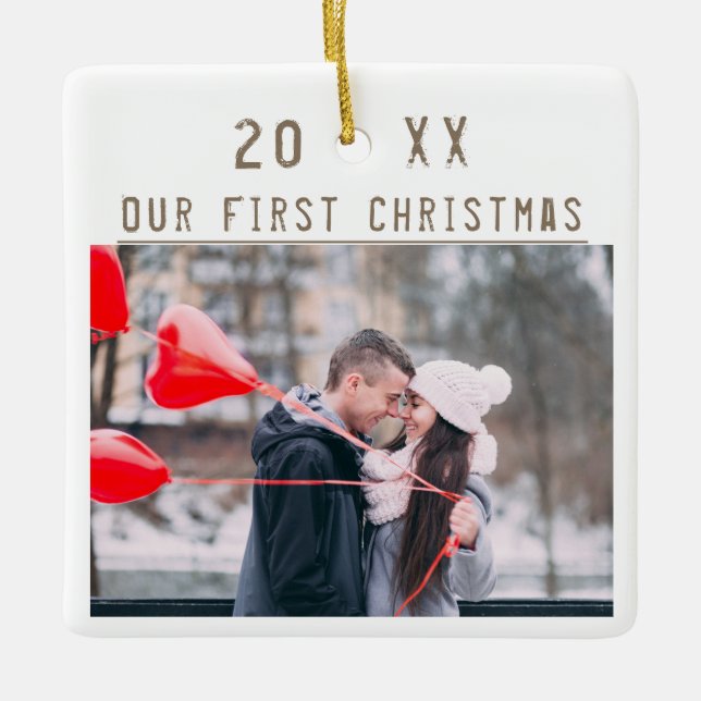 Liebe Paar 1. Weihnachts-Keepake 2 Fotos Keramikornament (Vorderseite)