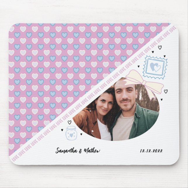 Liebe Paar Foto & Namen Lila Herz Muster Mousepad (Vorne)