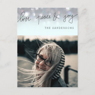 Liebe Peace and Joy Bokeh Script Modernes Foto Feiertagspostkarte