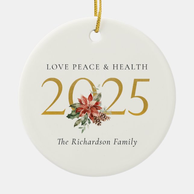 Liebe Peace Health Poinsettia Bunch Foil Gold 2023 Keramik Ornament (Vorne)