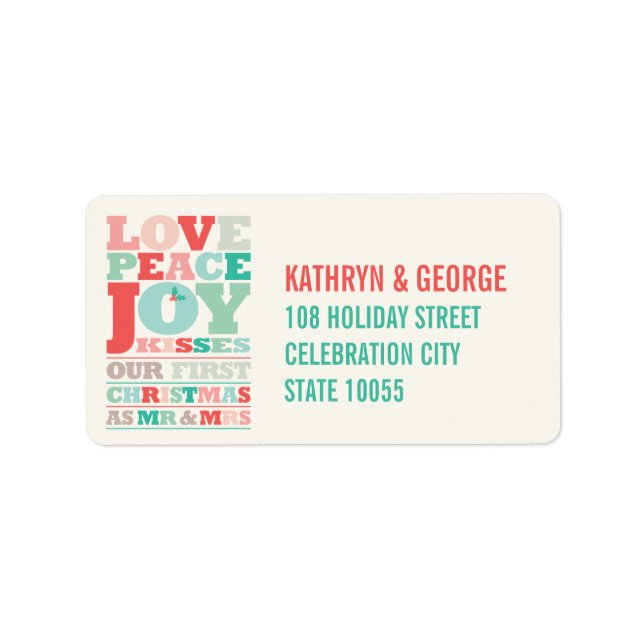 Liebe Peace Joy Kisses Typografy Weihnachtsansprac Adressaufkleber (Vorne)