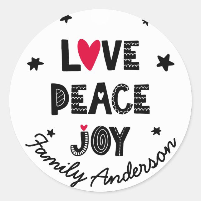 LIEBE PEACE JOY Scandinavian Doodle Runder Aufkleber (Vorderseite)