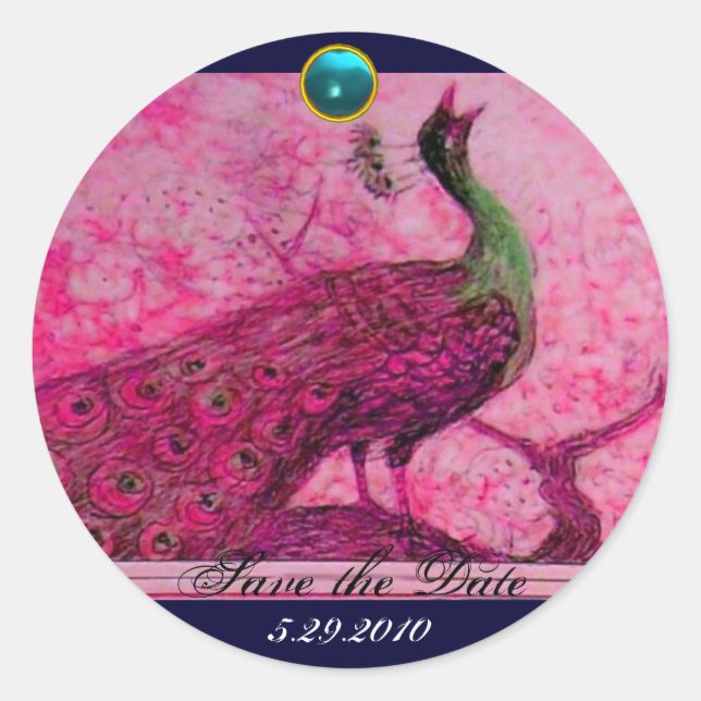 Liebe PEACOCK Pink fuchsia blue aquamarine Runder Aufkleber (Vorderseite)