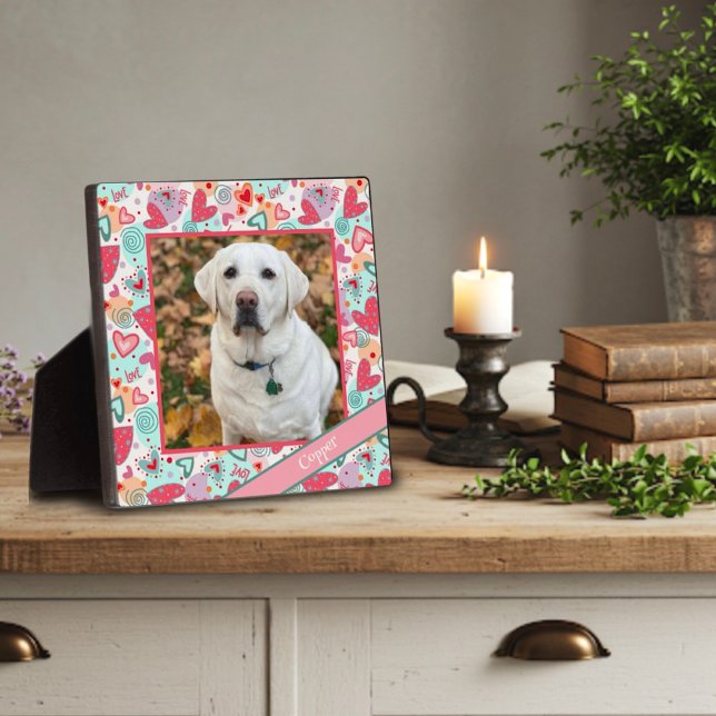 Liebe Pet Red Pink Heart Foto Angepasster Name Fotoplatte (Von Creator hochgeladen)