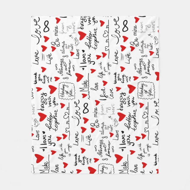Liebe-Phrasen, Doodle-Herzen, Valentinmuster. Fleecedecke (Vorderseite)