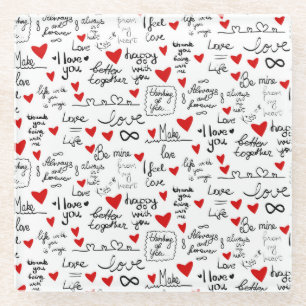 Liebe-Phrasen, Doodle-Herzen, Valentinmuster. Glasuntersetzer