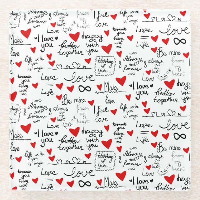 Liebe-Phrasen, Doodle-Herzen, Valentinmuster. Glasuntersetzer (Vorderseite)