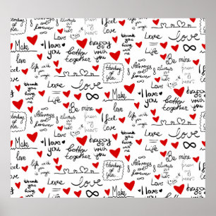 Liebe-Phrasen, Doodle-Herzen, Valentinmuster. Poster