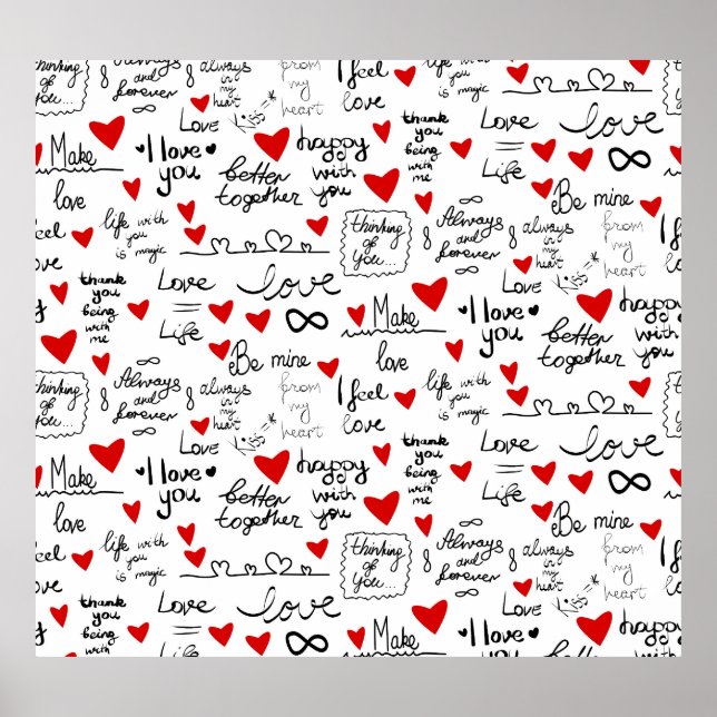 Liebe-Phrasen, Doodle-Herzen, Valentinmuster. Poster (Vorne)