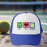 Liebe Pickleball Truckerkappe<br><div class="desc">Peace Liebe Pickleball Hut für einen Pickle-Ball-Spieler mit einem niedlichen Friedenszeichen,  Herz und einem Gelbball für den Sport.</div>