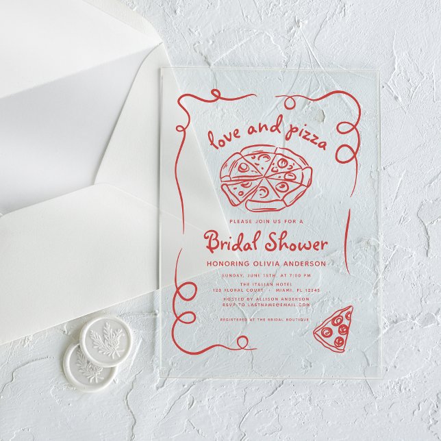 Liebe & Pizza Italienisches handgezeichnetes Braut Acryleinladungen (Von Creator hochgeladen)
