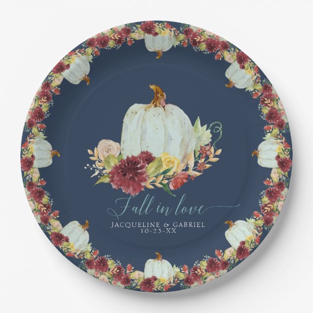 Liebe Pumpkin-Hochzeit der Marine Burgund Floral F Pappteller (Vorderseite)