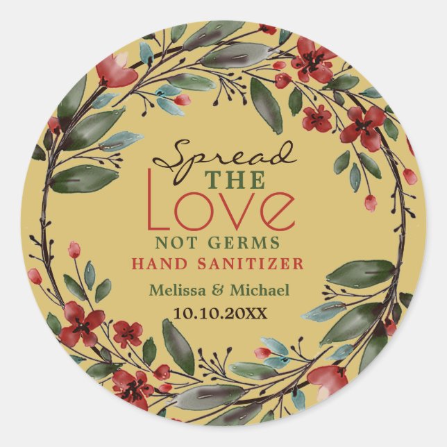 Liebe Red Floral Wreath Sanitizer Gefallen Gold Runder Aufkleber (Vorderseite)