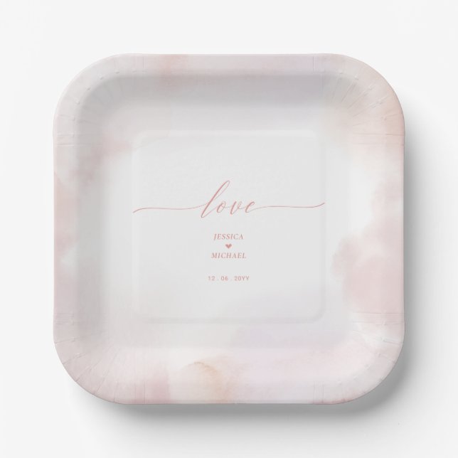 Liebe | Rezeption für Hochzeiten in Rosa Herz und  Pappteller (Vorderseite)