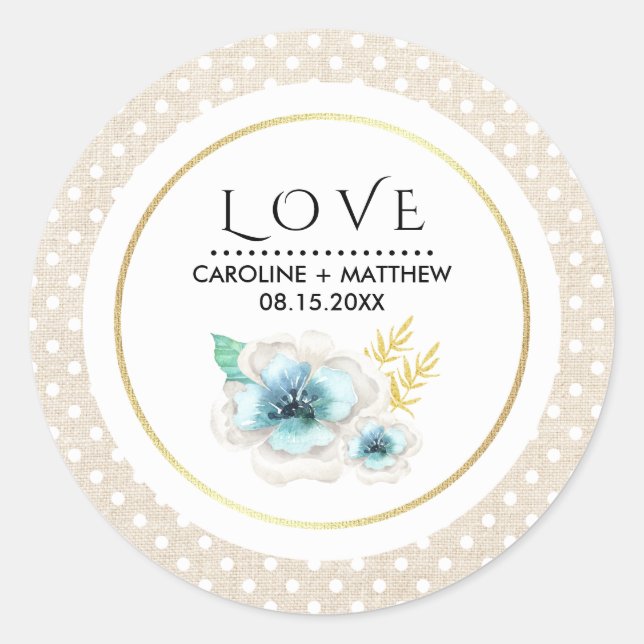 Liebe. Romantische Blumen-Burlap-Textur Hochzeit Runder Aufkleber (Vorderseite)
