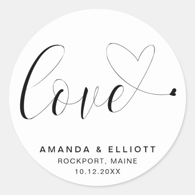 Liebe Romantische Schwarz-Weiß-Typografie-Hochzeit Runder Aufkleber (Vorderseite)