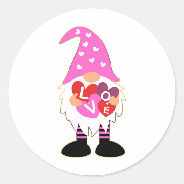 Liebe Rosa Herz Valentine Gnome Runder Aufkleber (Vorderseite)