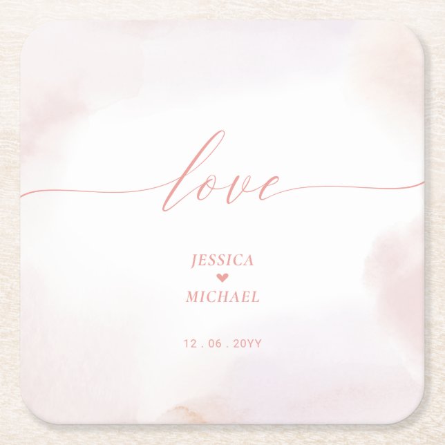 Liebe | Rosa Herz & Wasserfarbe Hochzeit Rechteckiger Pappuntersetzer (Vorderseite)
