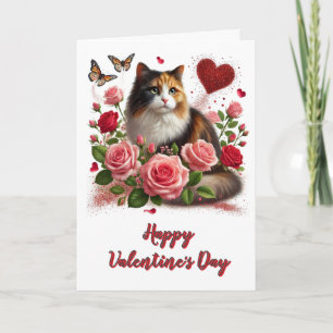 Liebe rosa Rosen und dreifarbige Katze Valentinsta Karte