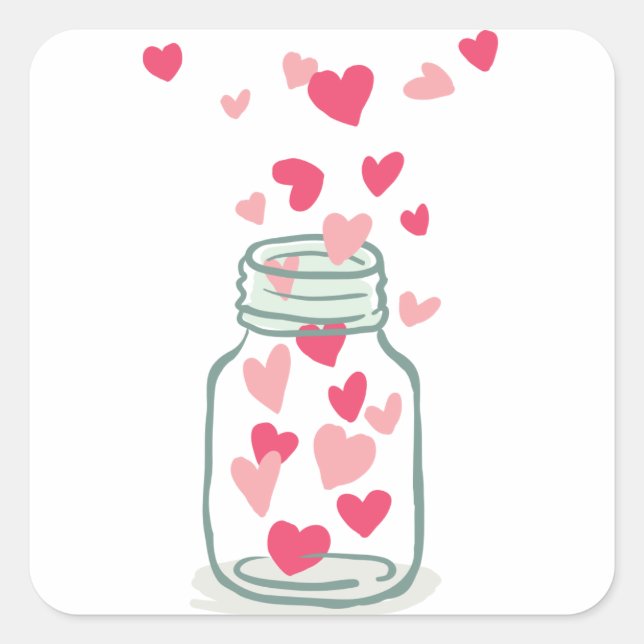 Liebe Rosa und Rote Herzen Mason Jars Hochzeit Quadratischer Aufkleber (Vorderseite)