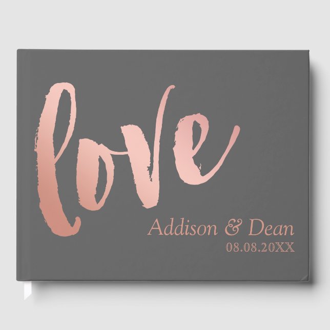 Liebe | Rose Gold Brush Script Hochzeit Gästebuch (Vorderseite)