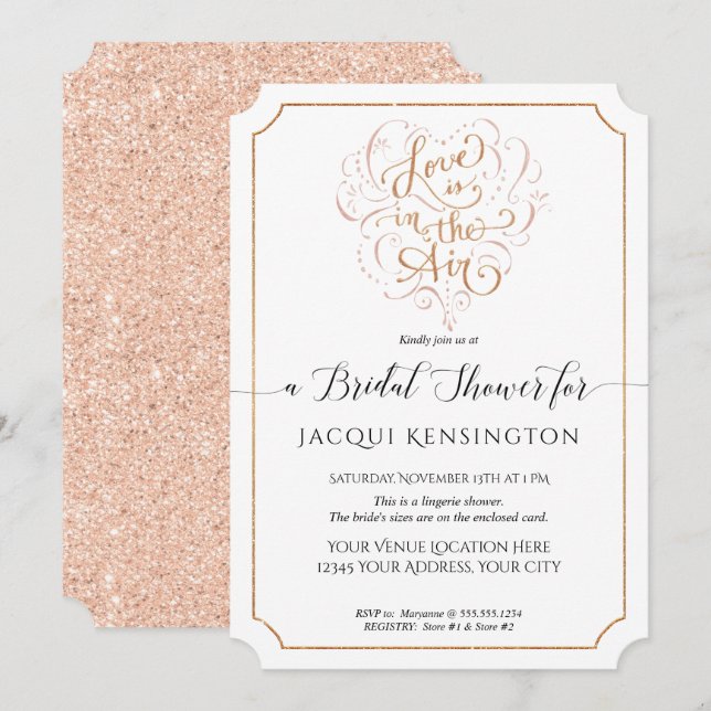 Liebe Rose Gold Glitzer Typografie Brautparty Einladung (Vorne/Hinten)