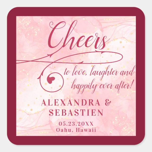 Liebe Rose Gold Script Burgundy Hochzeit Quadratischer Aufkleber (Vorderseite)