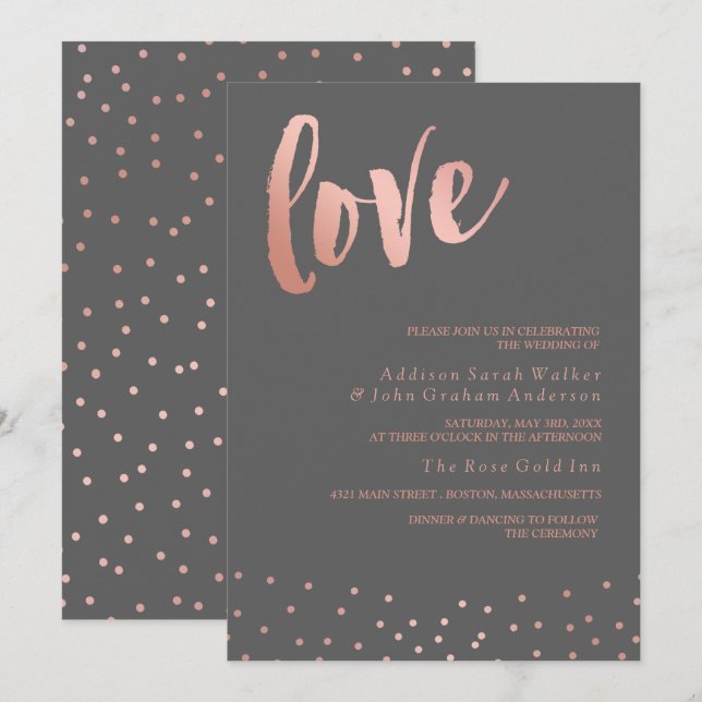 Liebe| Rose Gold und Grau| Hochzeit Einladung (Vorne/Hinten)