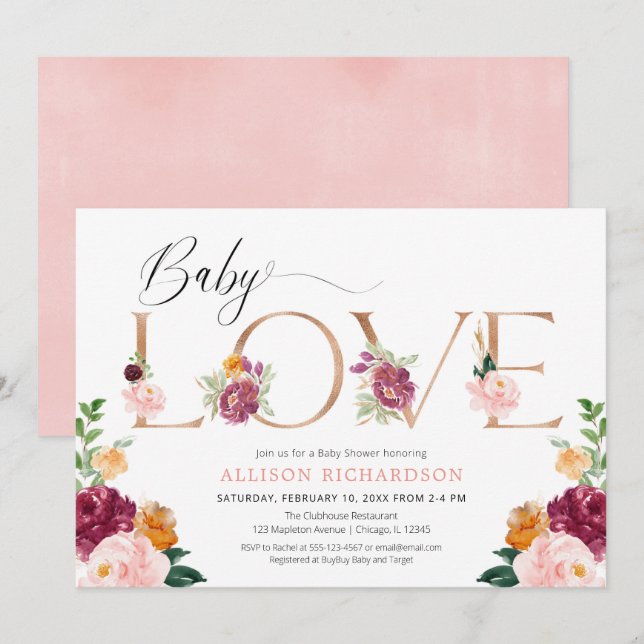 Liebe Rose goldfarbene Bordeaux-Dusche Einladung (Vorne/Hinten)