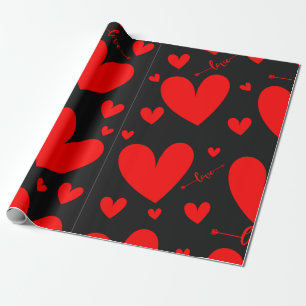 Liebe, Rote Herzen auf schwarzem Hintergrund Geschenkpapier