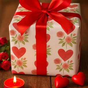 Liebe Rote Herzen Rosa Rosen Geschenkpapier