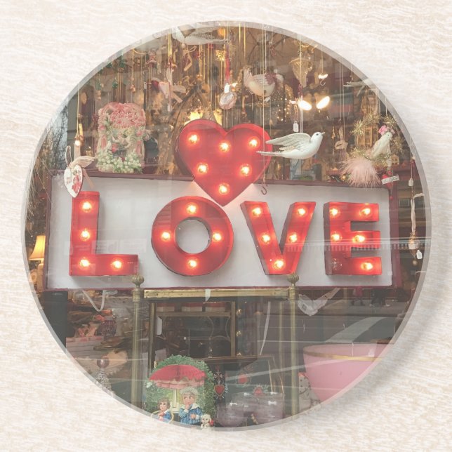 LIEBE Rotes Herz Neon Valentinstag Reflektion Sandstein Untersetzer (Vorne)