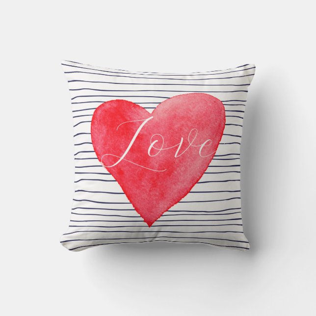 Liebe Rotes Wasserfarben Herz und Streifen Valenti Kissen (Vorderseite)