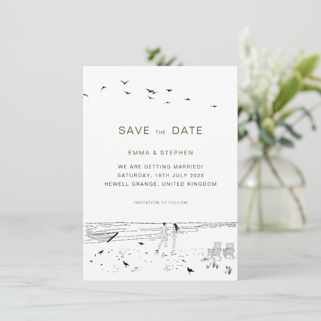 Liebe Sandy Beach Minimal Wedding Save The Date (Stehend Vorderseite)