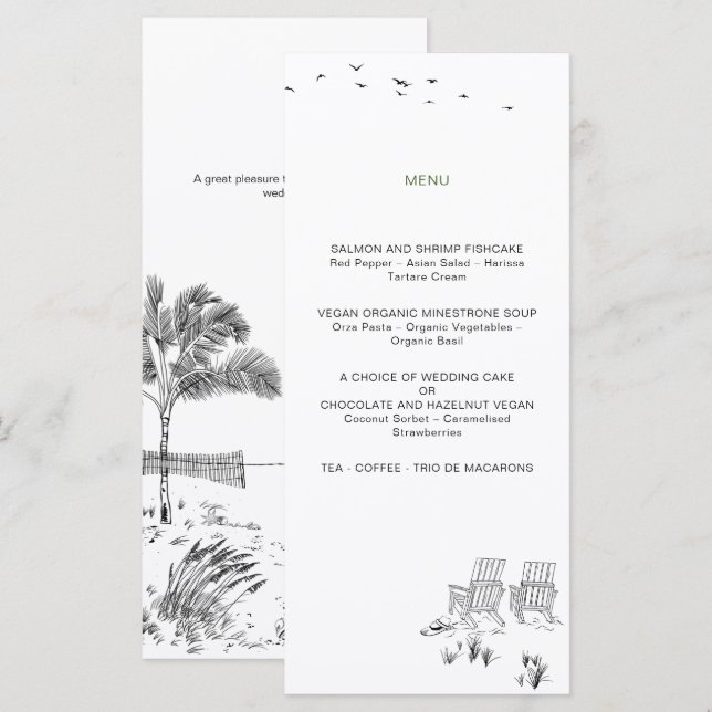Liebe Sandy Beach Minimallinie Art Wedding Menükarte (Vorne/Hinten)