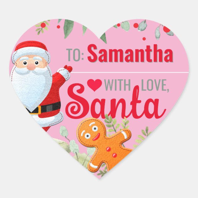 "Liebe, Santa" Lebkuchen Custom Christmas Pink Herz-Aufkleber (Vorderseite)