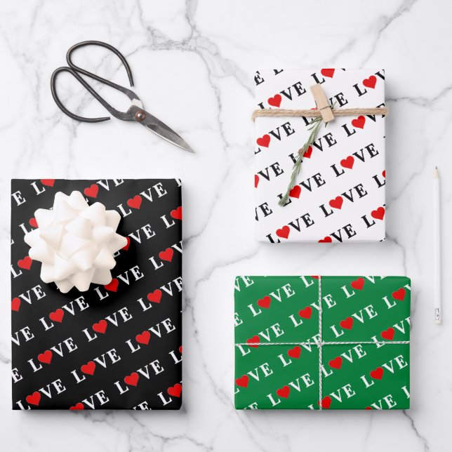 LIEBE Schwarz-weiß grün Geschenkpapier Set (Vorderseite)