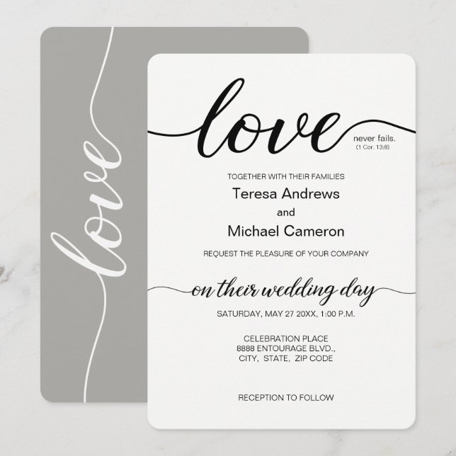 Liebe Script Gray Minimalistisch Christliche Hochz Einladung (Vorne/Hinten)