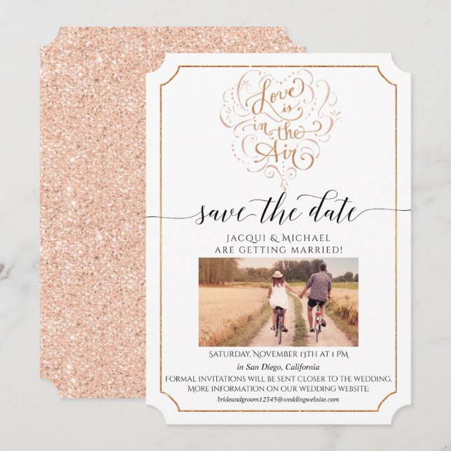 Liebe Script Typografie Rose Gold Glitzer Herz Einladung (Vorne/Hinten)