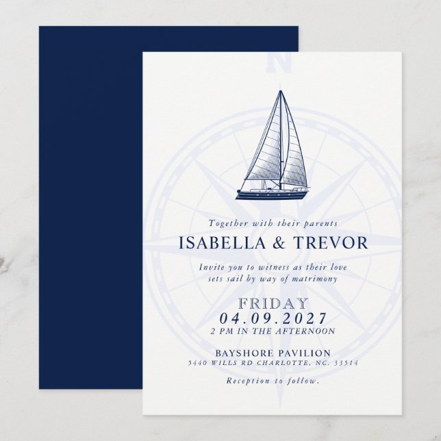 Liebe Sets Segel | Nautical Wedding Solid Navy Einladung (Vorne/Hinten)