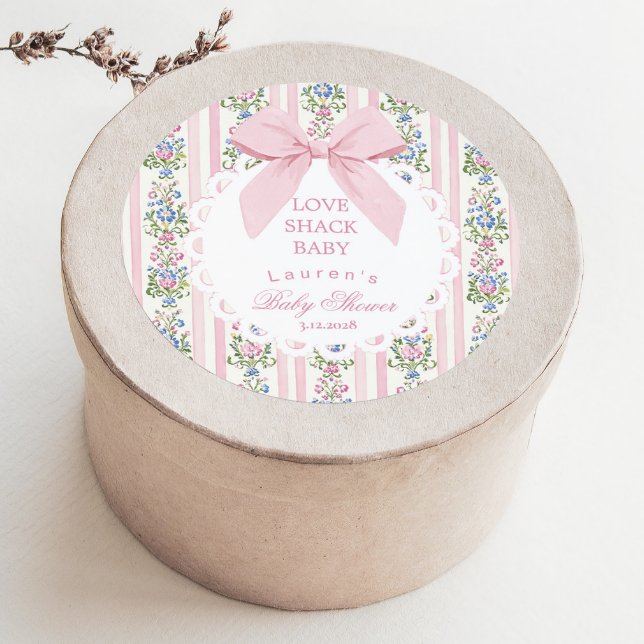Liebe Shack Baby Pink Bow Rose Babydusche Runder Aufkleber (Von Creator hochgeladen)