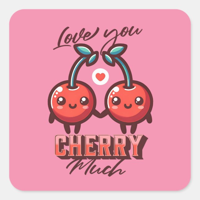 Liebe Sie Cherry Much Kawaii Cherries Valentine Quadratischer Aufkleber (Vorderseite)