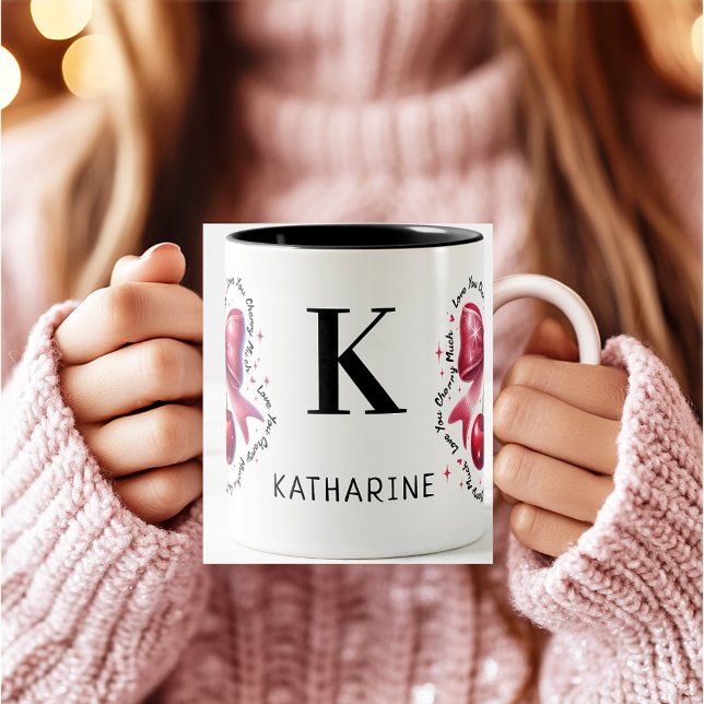 Liebe Sie Cherry Much Monogram Initial Valentine Zweifarbige Tasse (Von Creator hochgeladen)