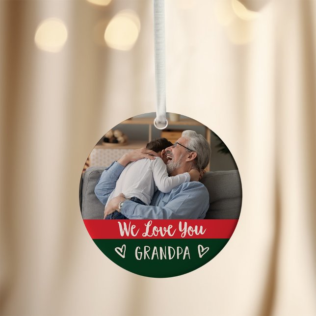 Liebe Sie Opa | Rotgrüner Farbblock Zwei Fotos Ornament (A colorful, modern red and green holiday ornament with two photos for your grandpa)